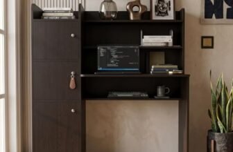 Andca Imagine Foldable Study Table with 1-Door Side Cabinet & Hutch – Space-Saving Computer Desk for Home Office | Premium Engineered Wood, Teak (116 x 42 x 121 cm)