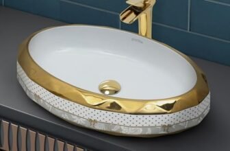 Plantex Wash Basin/Ceramic Table Top Wash Basin/Designer Countertop Basin for Bathroom/Restaurants/Hotel – Oval (White & Gold – 23 x 16 x 5 Inch)