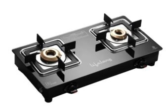 Lifelong Gas Stove 2 Burner | Premium Brass Burners, Glass Top, Manual Ignition | Square Pan Support, ISI Certified LPG Stove for Modular Kitchen | Black, 1 Year Warranty