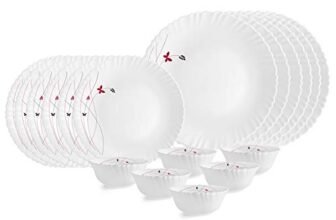 CELLO Lush Fiesta Dazzle Series Opalware Dinner Set of 18 Pieces for Family of 2 | Bone-Ash Free & Leadfree Opal Glass, Microwave & Dishwasher Safe, Plates & Bowls Crockery Set for Dining & Gifting
