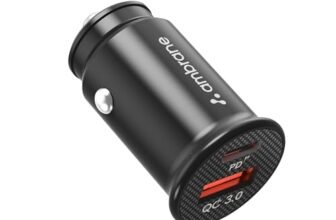 Ambrane 22W Fast Car Charger | Dual Port PD + QC | Type C & USB Car Adapter for iPhone, Samsung, Android, Tablets, Laptop | Compact Car Charger for Mobile, iPhone, Android, (ACC-21 Black)