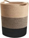 ALBY® Large Rope Basket – Tall Laundry Basket Hamper for Dirty Clothes Woven Jute Storage Basket for Blanket in Living Room Toy Basket for Nursery Storage, 17.8″ x 15.8″ x 13.8″ (BLACCK & JUTE)