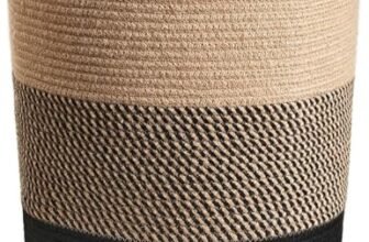 ALBY® Large Rope Basket – Tall Laundry Basket Hamper for Dirty Clothes Woven Jute Storage Basket for Blanket in Living Room Toy Basket for Nursery Storage, 17.8″ x 15.8″ x 13.8″ (BLACCK & JUTE)