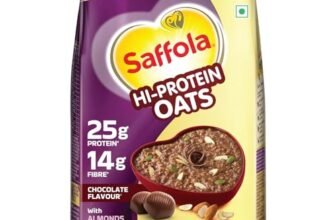 Saffola 25g High Protein Oats | 14g Fibre | 400g | No Refined Sugar | With Almonds, Raisin, Pumpkin and Chia Seeds | Rolled Oats for Weight management & Muscle gain | Chocolate flavour