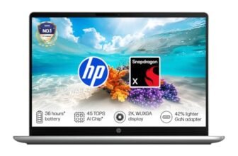 HP Omnibook 3, Snapdragon X Processor 45 Tops (8GB LPDDR5x,512GB SSD) 2K WUXGA, 14”/35.6cm, Win 11, M365*Office 24,Silver,1.42kg, hz0056QU, Lighter mini Charger, FHD IR Camera, Next Gen AI Laptop
