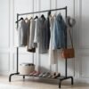 HOUZA Heavy-Duty Garment Stand Cloth Rack with Bottom Storage Shelf & 4 Side Hooks | Freestanding Clothes Hanging Stand, Rack for Clothes Storage & Cloth Rack for Bedroom & Entryway (Black)