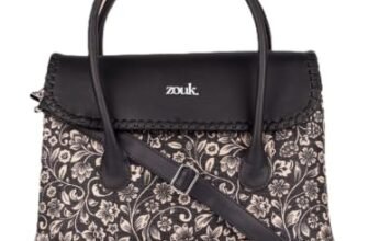 ZOUK Flomotif Floral Printed Jute Handcrafted Vegan Leather Black Women’s Satchel Bag | Ladies Purse Handbag | Double Handle Detachable Strap