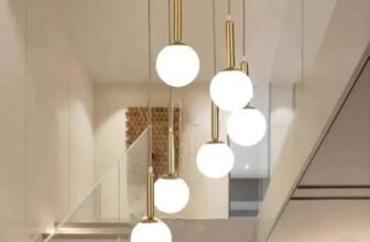 Lyse Decor Spiral Shape Long Chandelier for Staircase, Double Height Jhoomar Hanging Light for Banquet Hall Ceiling, Lamps for Living Room, Restaurants (6 Lights Round Cluster, 7.5 Feet Height)