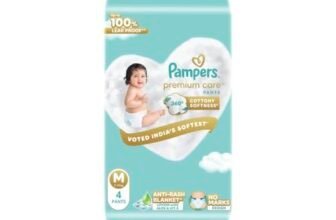 Pampers Premium Care Pant Style Baby Diapers M 4 Count | No Marks Design | Voted India’s #1 Softest Diaper | All in 1 diaper with 360 Cottony Softness