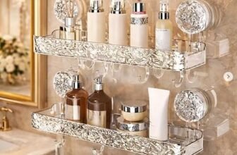 ELMVIA Suction Cup Bathroom Shelf with Hooks, 36cm Wall Mounted Storage Rack for Shampoo, Soap & Cosmetics, Transparent Luxury Organizer for Bathroom, Kitchen & Wash Basin ((2 Pack))