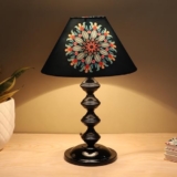 Tu Casa Halo Glow Black Metal Bedside Table Lamp Home Decoration Bedroom Living Room Lounge Office Festival Gifting Study Table Decor French Floral Print Satin Shade (H-15 / No Blub 1.5 Meter Cable)
