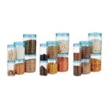 Amazon Brand – Solimo Checkered Jar Container, Set of 18 (6 pcs x 250 ml Each, 6 pcs x 500 ml Each, 6 pcs x 1000 ml Each), Blue | Kitchen Organiser | BPA Free | Stackable