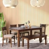 EXCEL HOME 6-Seater Dining Room Set, Solid Wood Table with 4 Chairs and Bench, Provincial Teak Finish with Grey Cushions