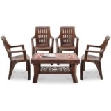 MAHARAJA Classic Plastic Table & Chair Set | Elegant Design, Sturdy Build | Perfect for Home, Office & Garden Use (Teakwood, 4 Chair+1 Table)