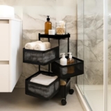 HomeGrits 4-Layer Revolving Square Storage Trolley – Black Metal Swinging Basket Rack with Wheels – Space-Saving Square Organizer for Kitchen, Bathroom, Office & Home Essentials