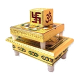 Premium Handcrafted Gold Plated Wooded Pooja Chowki Bajot And Agarbati Stand With Swastik Om, Pooja Chowki For Home Mandir And Diya, Idols Statues Pratima, Bajot For God And For Festive -3Pcs