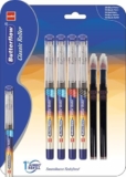 Cello Butterflow Classic Roller Pen Set | Pack Of 4 Roller Pens | 2 Blue, 1 Black & 1 Red Ink Colour + 2 Jumbo Refills | Smooth Writing Experience | For Students And Office Use | Best Pen For Exams
