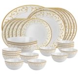 Cello Opalware Divine Series Amber Gold Dinner Set, 27 Units | Opal Glass Dinner Set for 6 | Crockery Set for Festive Ocassions, Parties | White Plate and Bowl Set,Floral