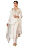 Janasya Women’s Off White Chanderi Silk Gold Zari Yoke Embroidered Straight Kurta Set(JAB25ST02849-S)