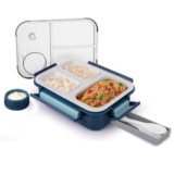 Attro Smart 3 Compartment Lunch Box With Small Container Spoon & Fork Included Four Side Snap Lock Breathable Button Design Leak-Proof Bpa Free Food Grade- 690Ml Dark Blue, Plastic