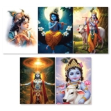 Krishna ji Devotional Wall Posters, Premium 300 GSM, HD Quality, Matte Finish, 22×32 cm, Set of 5 with Glue Drops