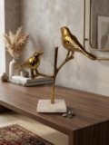 Golden Birds on Branch Sculpture with Marble Base, Metal