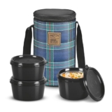 MILTON Lofty Lunch Box with Insulated Fabric Jacket, 3 PU Insulated Inner Stainless Steel Containers (1 x 320ml, 2 X 450ml Each), Microwave Safe & Leakproof Tiffin for Office, College, Navy Blue