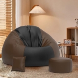 Comfybean 4Xl Bean Bag Chair With Beans Filled – Bean Bag Sofa – 4Xl Bean Bags For Living Room, Bedroom – Bean Bag Chair With Beans – Free Cushion & Footrest – Black Brown – Duoflex Lounge Combo