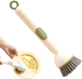 Liquid Dispensing Dish Cleaning Brush with Handle and Hanging Loop, Rotating Scrub Head, Wall Hanging Kitchen Cleaning Brush