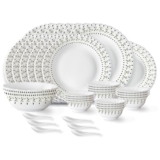 Larah by Borosil Ora Gold Fluted Series Opalware Dinner Set of Plate, Veg Bowls, Soup Bowl, Spoons, Serving Bowl and Oval Rice Plate | Bone-Ash Free Crockery Set for Dining (White, 33 Pieces)