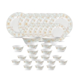 La Opala Diva Sovrana Collection Opal Glass Crockery | for Family of 6 | Dinner Set 33 pcs Medusa Gold | Plates & Bowls for Dining | Microwave Safe | 100% Vegetarian | Extra Strong | Light & White