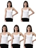 Dixcy Slimz Solid Slim Fit Scoop Neck Sleeveless Cotton Camisole for Women(Annie_White_L_Pack of 5