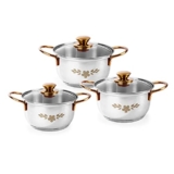 Wonderchef Gold Stanton Stainless Steel 3 Piece Casserole Set With Glass Lid | Golden Knobs And Handles | Induction & Gas Stove Friendly | Set Of 3 (1.6L, 2.3L, 3.1L) | 1 Year Warranty