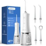 Operan Water Flossers for Teeth Cleaning Upgraded 300ml Cordless Water Dental Flossers Rechargeable Oral Irrigator with 4 Modes 4 Jet Tips IPX7 Waterproof Water Floss for Home Travel (White)+1Pack