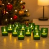 Pure Source India Set of 12 Votive Glass Candle Holders with Tealight Candles | Decorative Diwali Lights for Home, Pooja & Festive Décor (Green)
