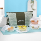 Larah Glassware Gracia Daisy Borosilicate Glass Lunchbox with Bag | Set of 4 (320ml x 2 Square + 240ml x 2 Round) | Microwave & Dishwasher Safe, Leakproof | Tiffin for Office, School | Green