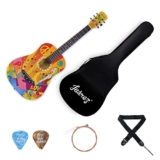 Juarez Retro Acoustic Guitar, 38 Inch Cutaway, Hippie Peace Design, With Bag, Picks, Strap & Extra String Set – Basswood