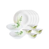 Larah By Borosil Green Herbs Opalware Dinner Set, White – 10 Piece