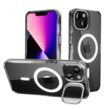 amazon basics iPhone 13/14 Case, Compatible with MagSafe, Adjustable Camera Ring Stand, Scratch Resistant Back, Military-Grade Protection, TPU, Classic Magnetic Back Cover with Kickstand, Clear