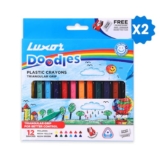 Luxor Doodles Triangular Grip Plastic Crayons| 12 Assorted Shades| 1 Free Eraser & 1 Sharpener | Perfect For Little Artists
