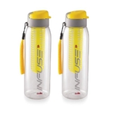 Cello Infuse Plastic Water Bottle, 800 Ml, Set Of 2, Yellow | Detox Bottle With Infuser Chamber | Leakproof Plastic Bottle With Wide Mouth Opening | Ideal For Gym, Office, Travel