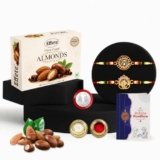 DeoDap Rakhi with Chocolate for Brother – Golden Color Stylish Rakhi 2 Pcs with Almond Chocolate (32g) with Silver Color Pooja Coin, Greeting Card & Tilak Set – Raksha Bandhan Pack (K2_544+543_CA32)