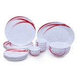 Larah by Borosil – Moon Series, Red Stella 21 Pieces Opalware Dinner Set, White