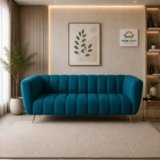 PHIRKCRAFT Velvet 3-Seater Kiki Sofa for Living Room | Modern Upholstered Couch with Channel-Tufted Backrest & Metal Accent Legs | Comfortable Seating for Bedroom, Office Lounge & Home Décor | Blue
