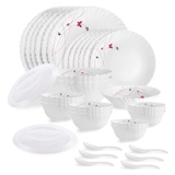 Cello Opalware Dazzle Series Lush Fiesta Dinner Set, 35 Units | Opal Glass Dinner Set For 6 | Light-Weight, Daily Use Crockery Set For Dining | White Plate And Multipurpose Bowl Set