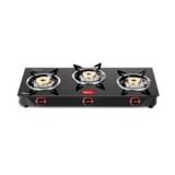 Pigeon by Stovekraft Aster 3 Burner Gas Stove with High Powered Brass Burner Gas Cooktop, Cooktop with Glass Top and Powder Coated Body, Black, Manual Ignition, Standard (14267)