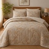 Linen and Loom 100% Cotton Quilted Comforter Set with 2 Matching Pillow Covers | Floral Print, Lightweight Breathable Bedding for Mild Winters | 90″ x 100″, Beige
