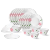 Larah By Borosil Red Mist Fluted Series Opalware Dinner Set | 28 Pieces For Family Of 6 | Microwave & Dishwasher Safe | Bone-Ash Free | Crockery Set For Dining & Gifting | Plates & Bowls | White