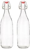 Amazon Brand – Solimo Swing Top Water Bottle with Stopper – Set of 2 (1 Liter) – Glass, Transparent