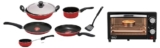 Pigeon By Stovekraft Glass Oven Toaster Grill (12381) 9 Liters (Grey) & Cookware Set Of 7 Piece, Includes Tawa 23 cm, Fry Pan 24 cm, Kadai With Lid 24 cm, And Sauce Pan (Red)